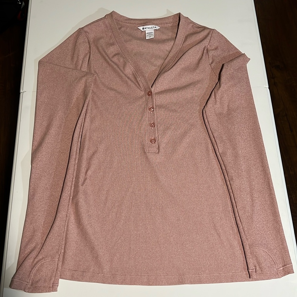 Athleta Uptempo Ribbed Henley Top Pullover Minimalistic Rose-Size Large